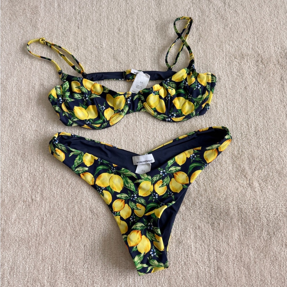 WeWoreWhat vintage bikini top Delilah bikini bottom in lemons all over navy